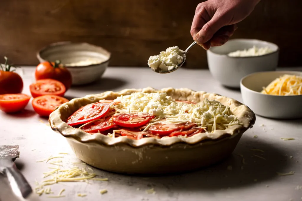 Layering cheese and tomato for Crumb Topped Four Cheese Tomato Pie