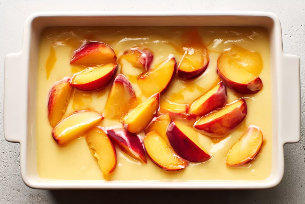 Pouring batter over butter and nectarines