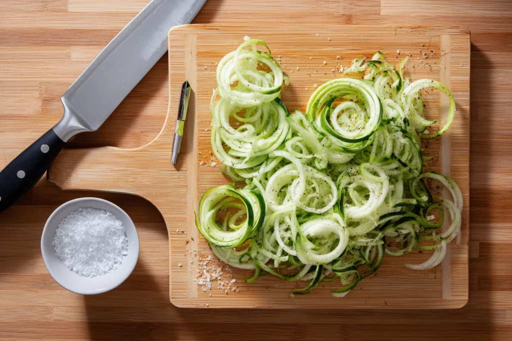 Spiralized cucumbers being salted for Korean salad