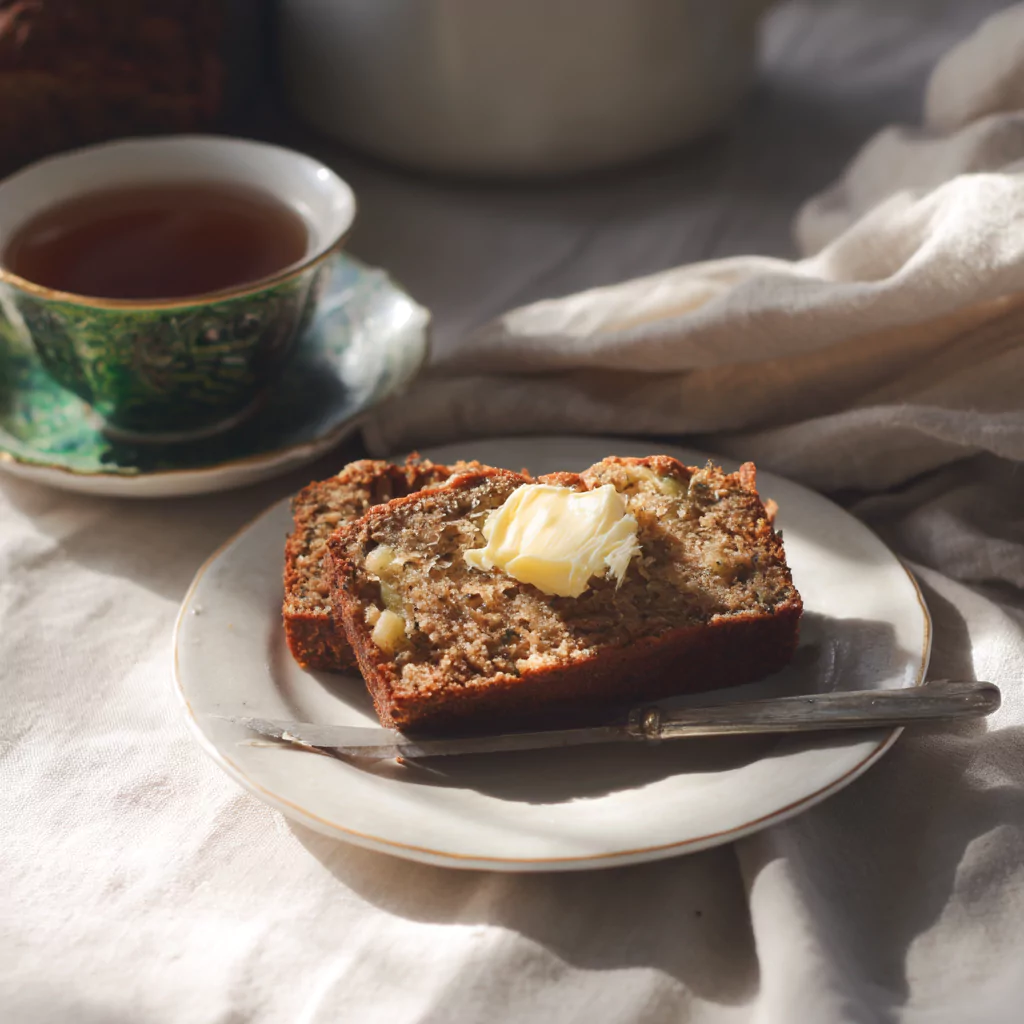 Serving Snickerdoodle Zucchini Bread with tea