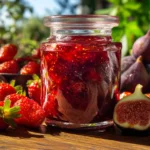strawberry fig jam in rustic jar with fresh strawberries and figs