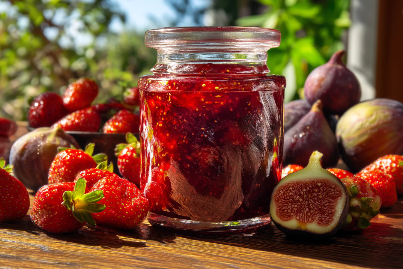strawberry fig jam in rustic jar with fresh strawberries and figs