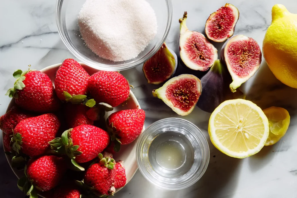ingredients for strawberry fig jam on farmhouse countertop