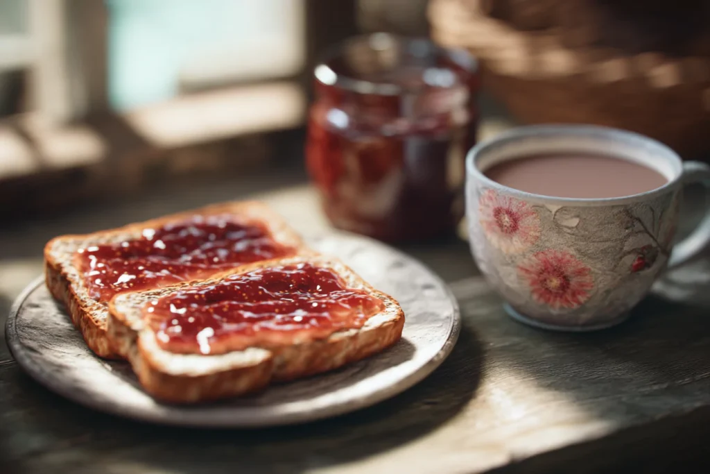 strawberry fig jam served on toast with latte