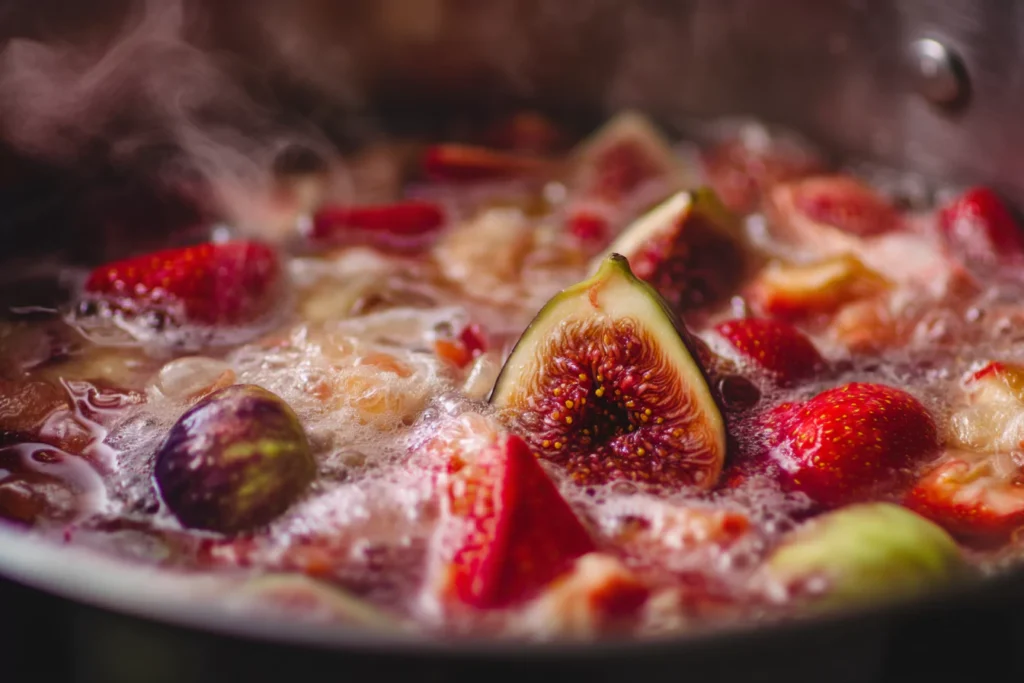 strawberries and figs simmering for jam