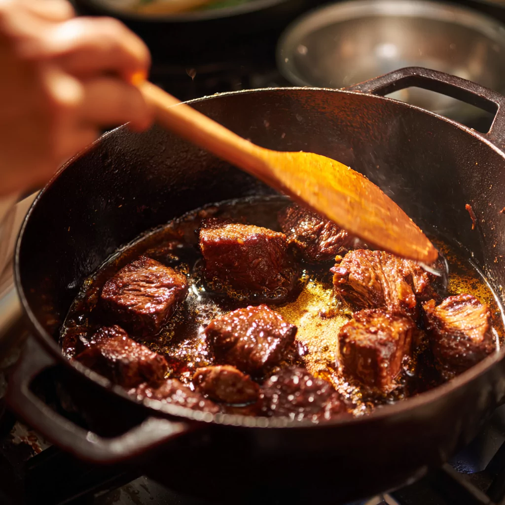 Searing beef chunks for stew in a cast iron Dutch oven