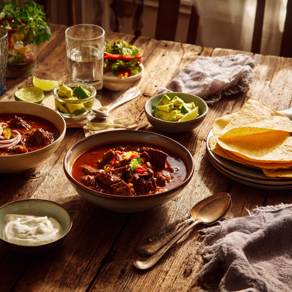 Mexican beef stew served with rice, tortillas, and toppings