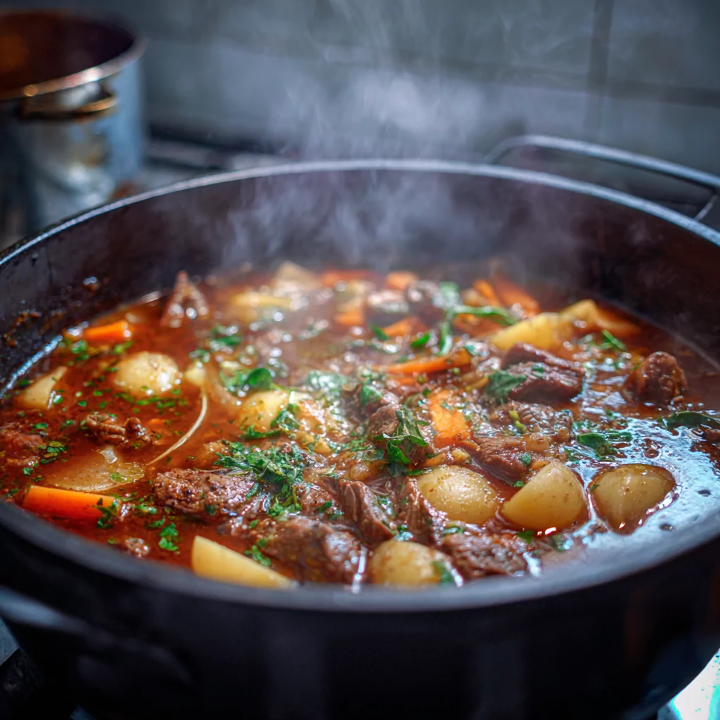 Mexican beef stew simmering in a large pot with herbs