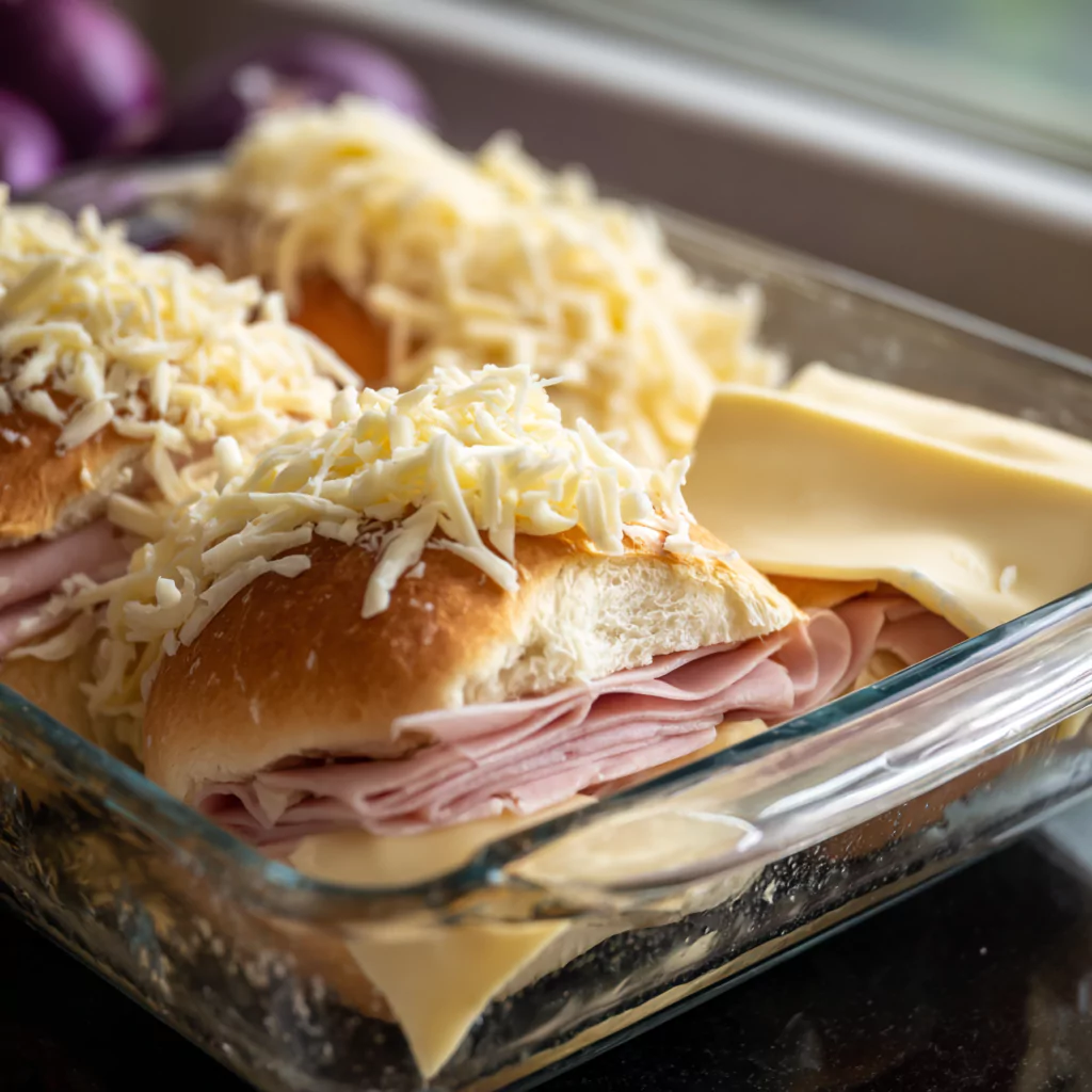 Layering ham and cheese inside slider rolls