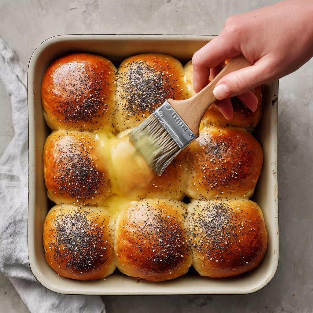 Brushing buttery topping on ham and cheese sliders