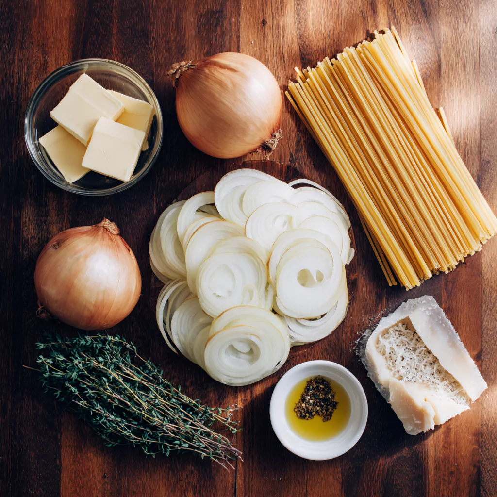 Ingredients for caramelized onion pasta recipe