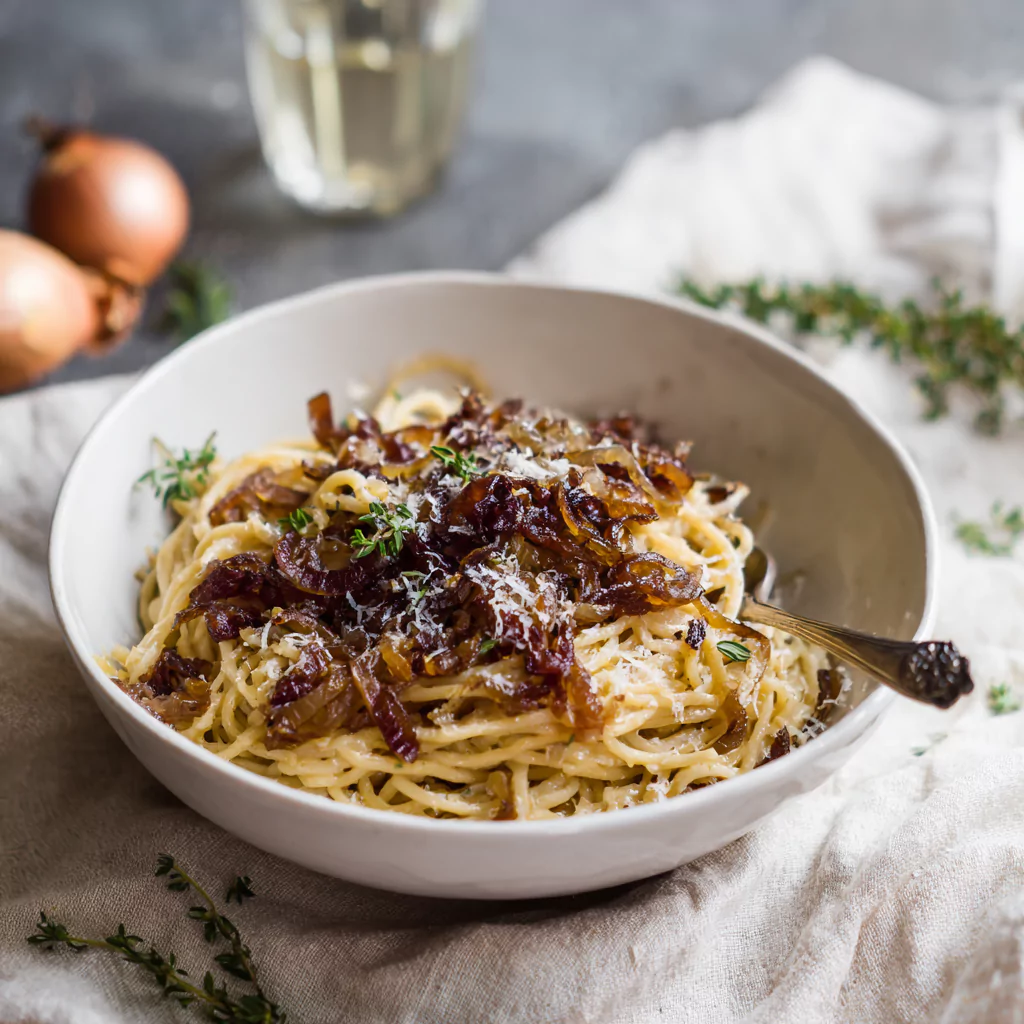 Served caramelized onion pasta with garnish