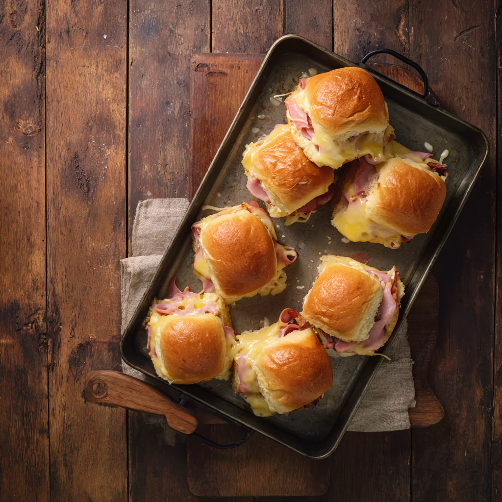 Baked ham and cheese sliders with golden tops