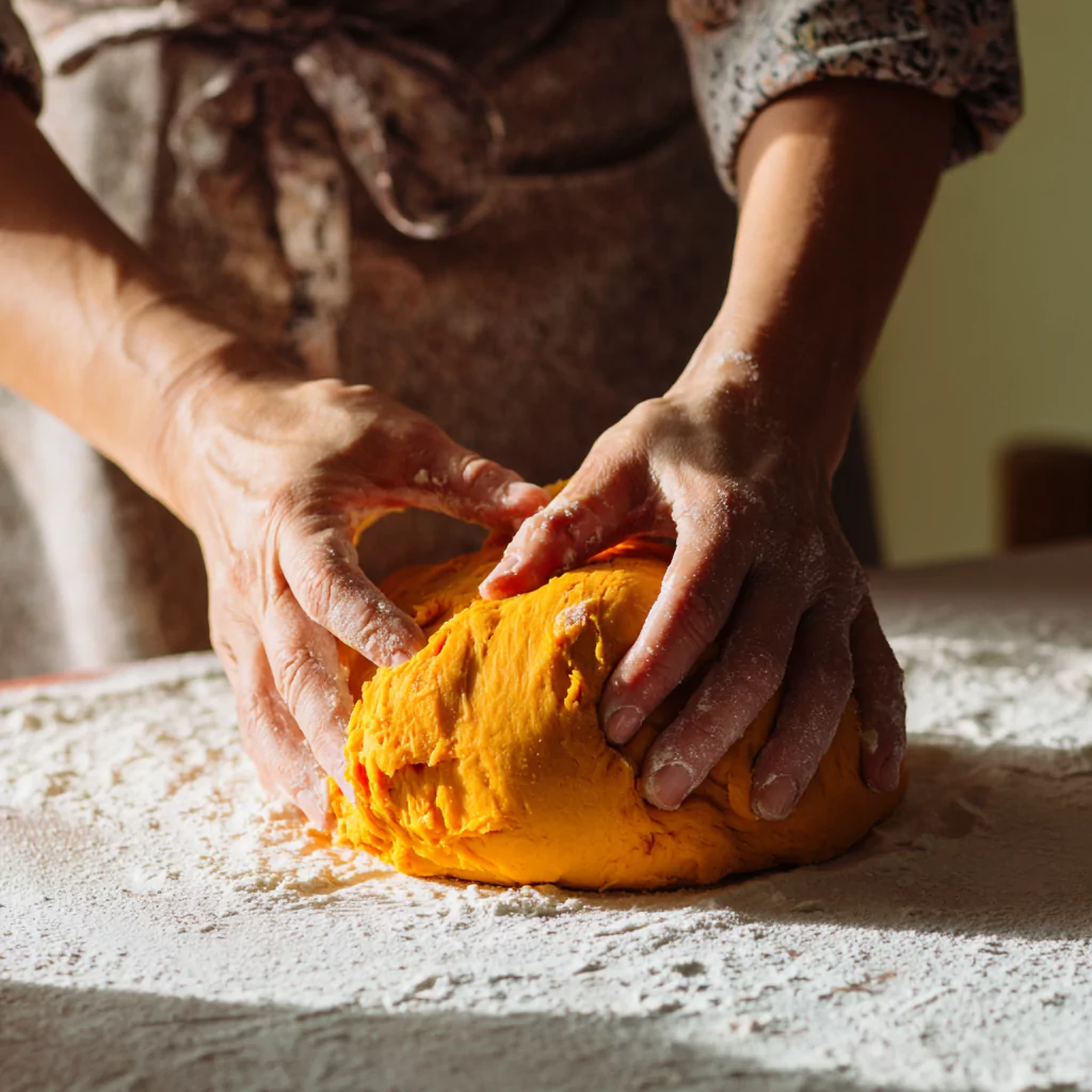 Kneading pumpkin cinnamon roll dough