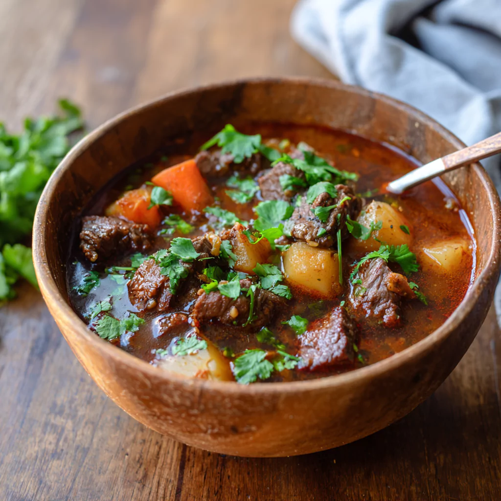 Mexican beef stew recipe in rustic bowl