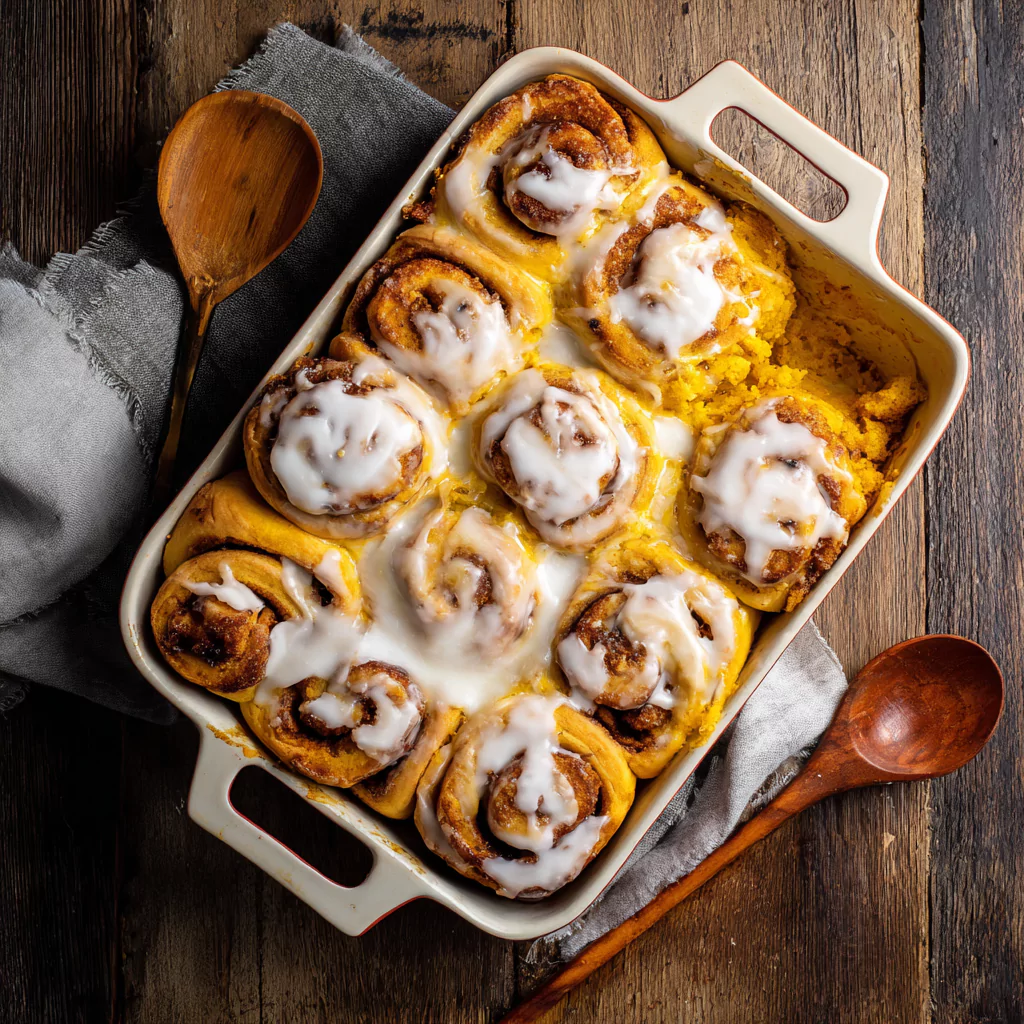 Pumpkin Cinnamon Rolls in a baking dish with glaze