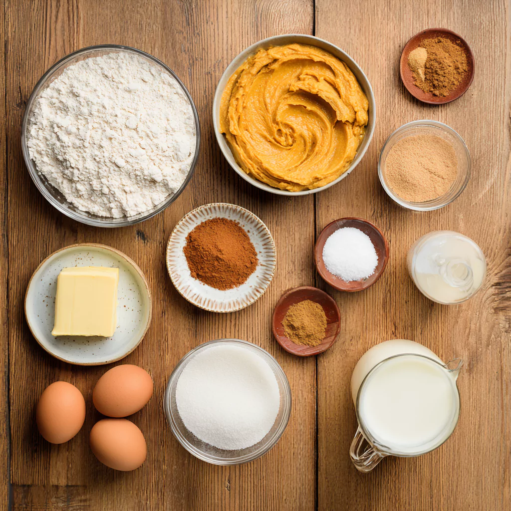 Ingredients for pumpkin cinnamon rolls on wooden counter