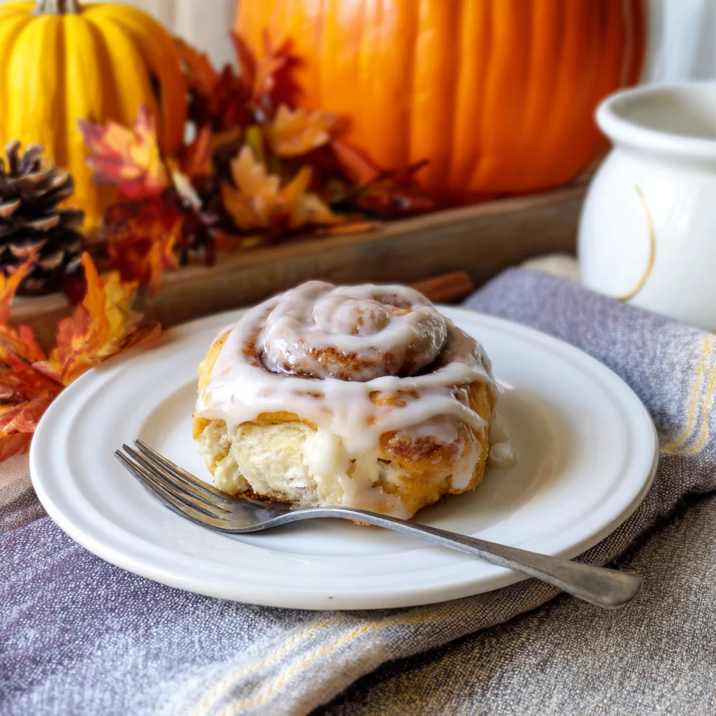 Pumpkin cinnamon roll served with cream cheese glaze
