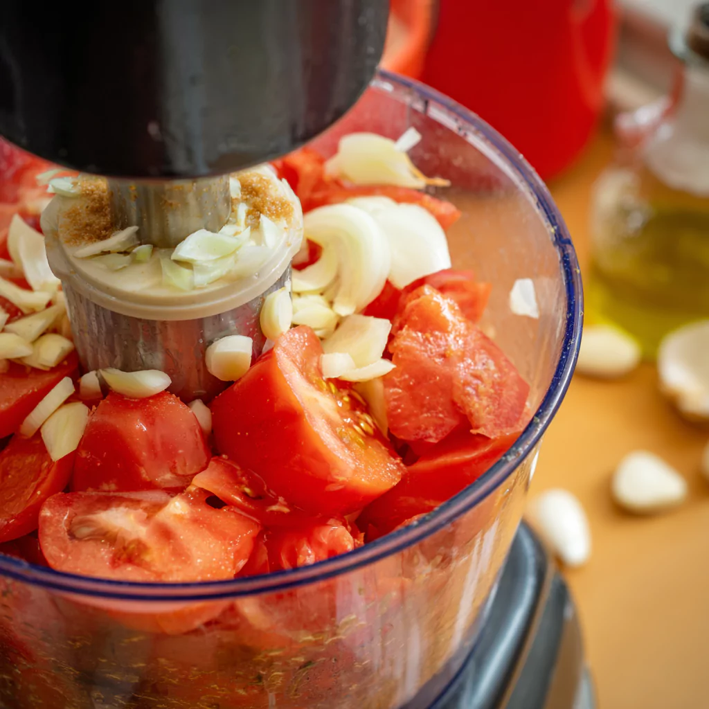 adding salsa ingredients to blender