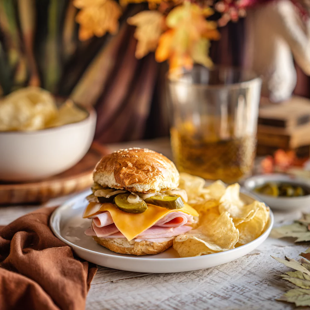 Single ham and cheese slider with melted cheese on plate