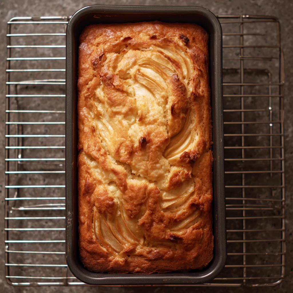 Freshly baked Amish apple fritter bread cooling in pan