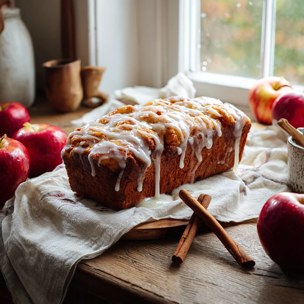 Amish apple fritter bread with glaze and apples on rustic table