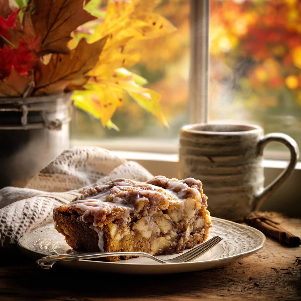 Sliced Amish apple fritter bread served with coffee