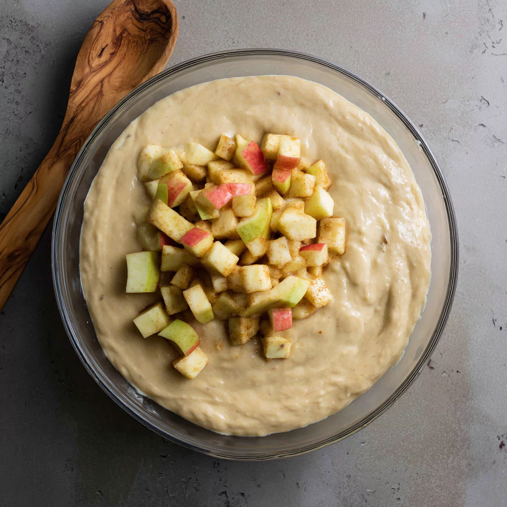Batter and chopped apples for Amish apple fritter bread