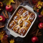 Apple cinnamon rolls fresh out of the oven with vanilla glaze