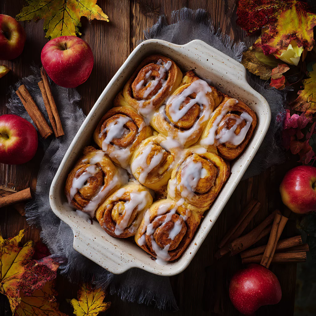 Apple cinnamon rolls fresh out of the oven with vanilla glaze