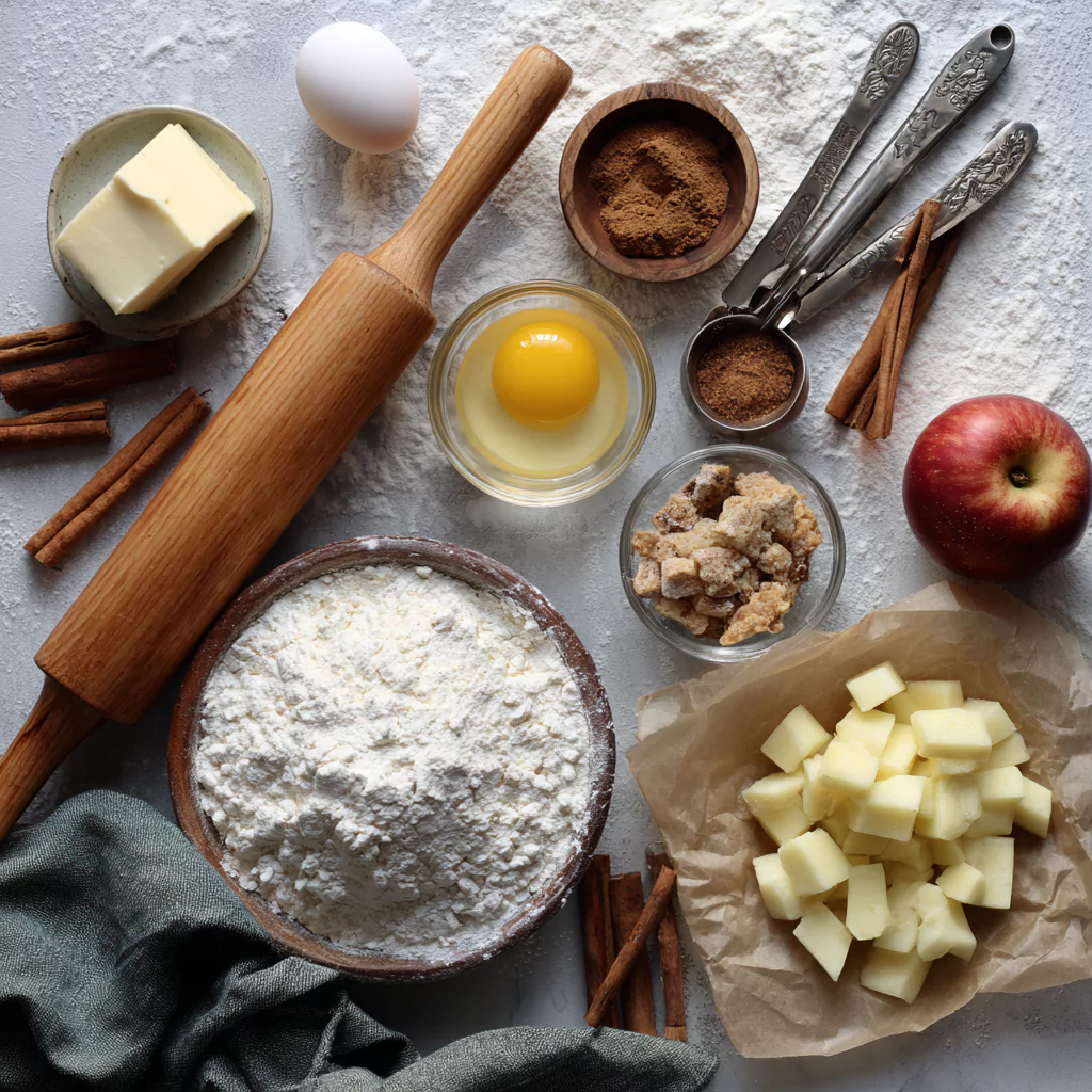 Ingredients for homemade apple cinnamon rolls arranged on a counter