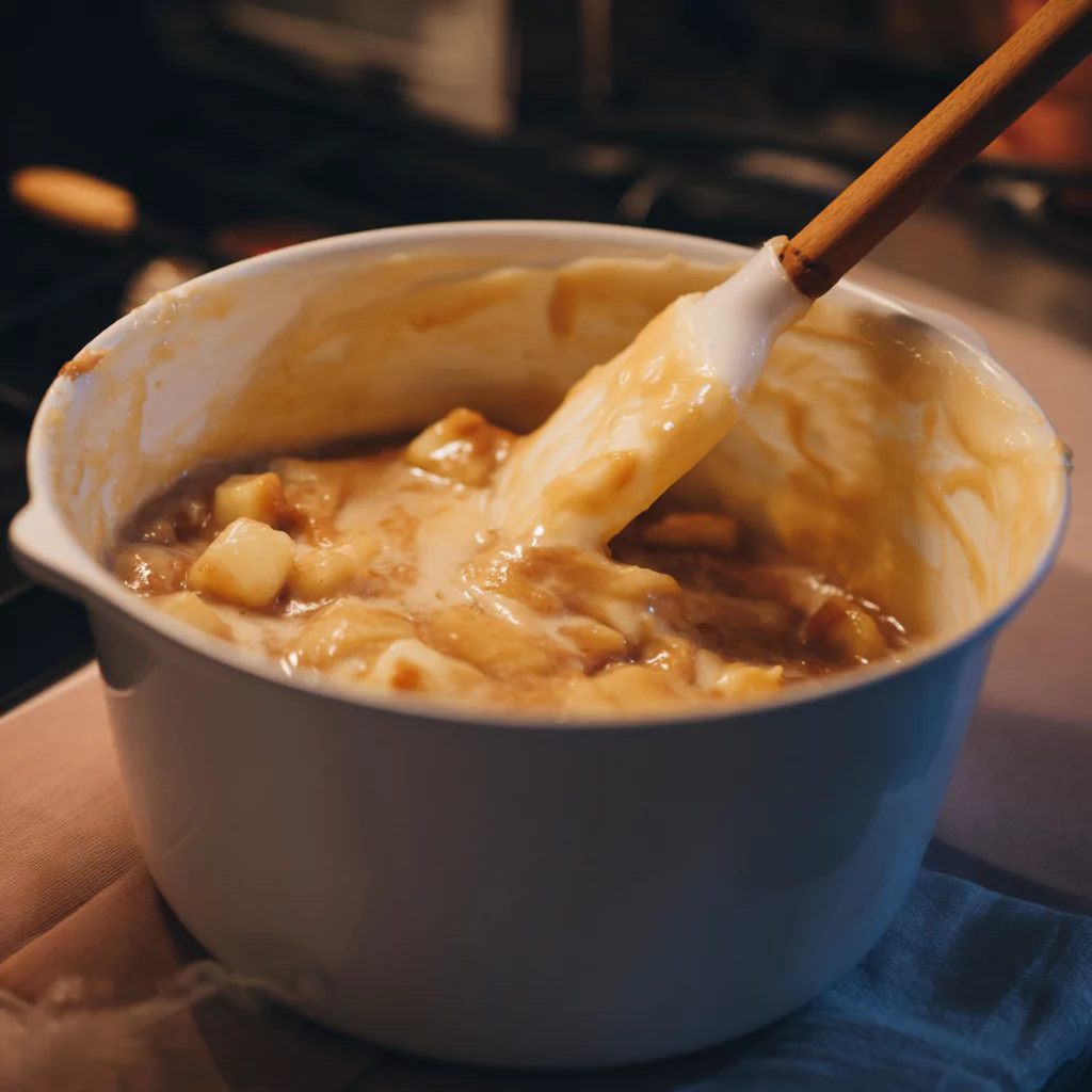 Apple fritter batter being stirred in mixing bowl
