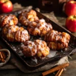 Baked apple fritters on baking sheet with glaze and apples