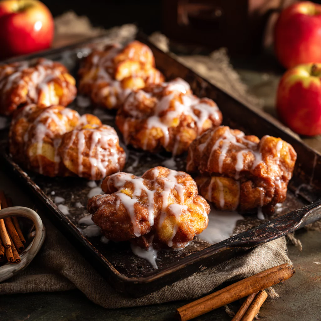Baked apple fritters on baking sheet with glaze and apples