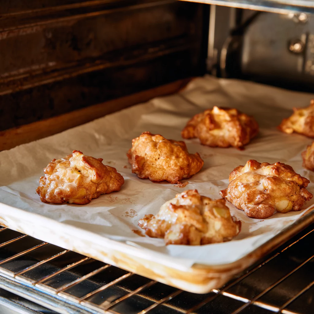 Baked apple fritters rising in oven on tray