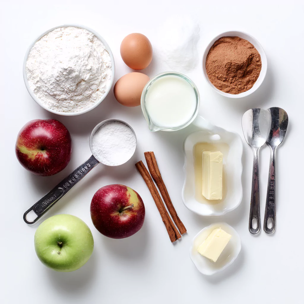 Ingredients for baked apple fritters on white countertop