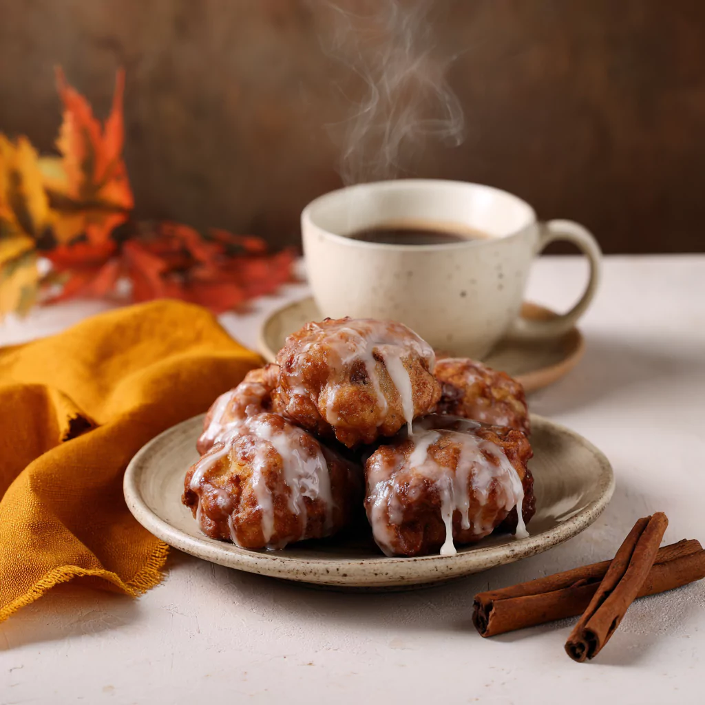Glazed baked apple fritters served with coffee