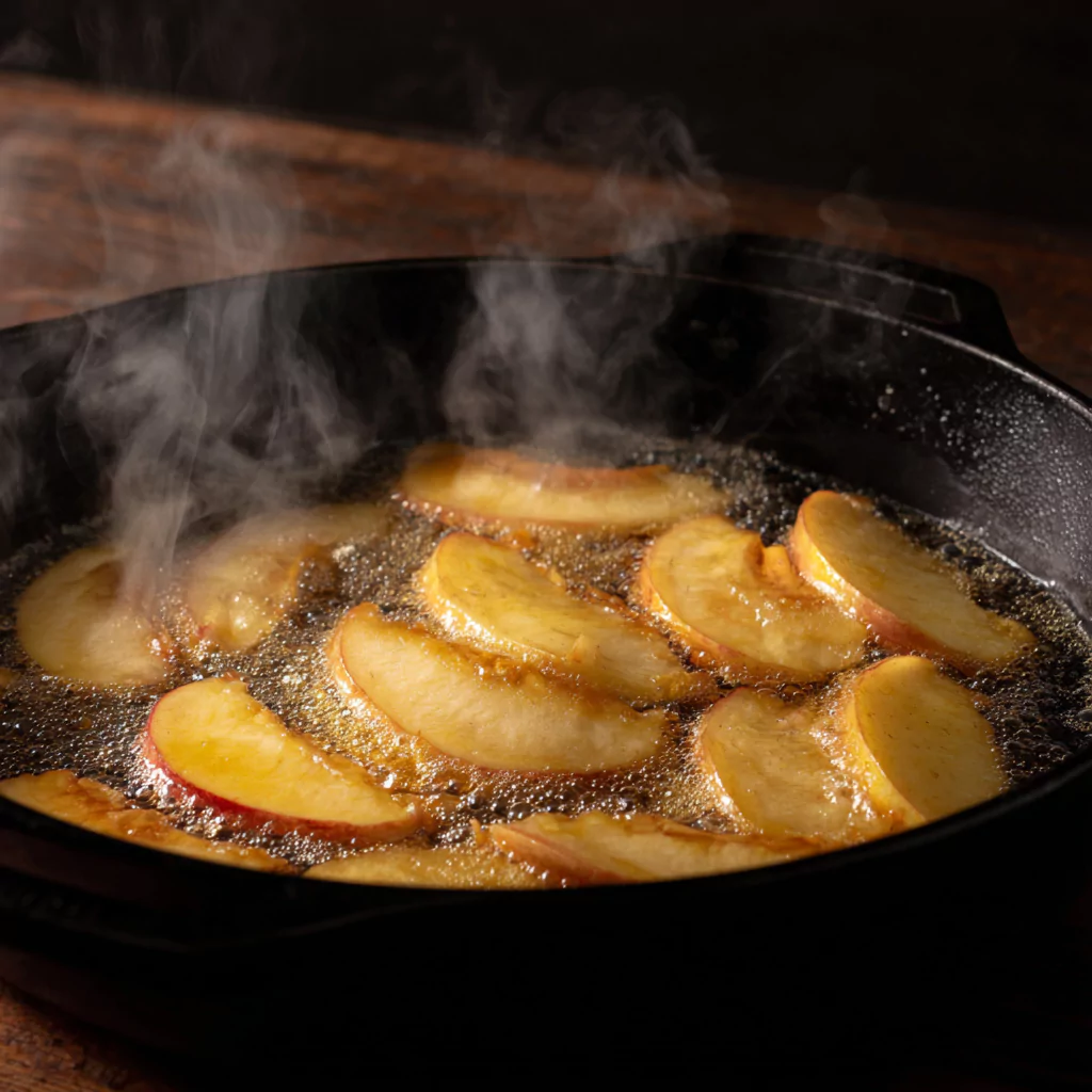 Apples cooking in skillet with cinnamon sugar