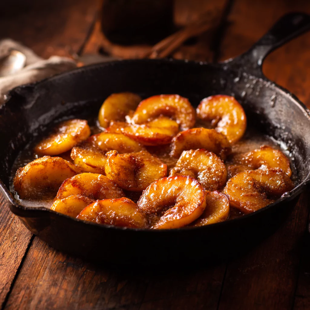 Skillet of Southern fried apples with cinnamon glaze