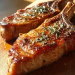 Juicy air fryer pork chops served on a plate with herbs and spices