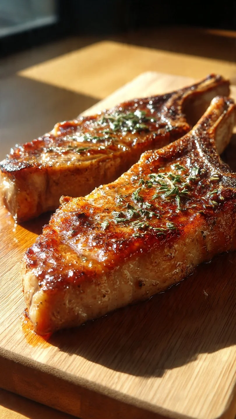 Juicy air fryer pork chops served on a plate with herbs and spices