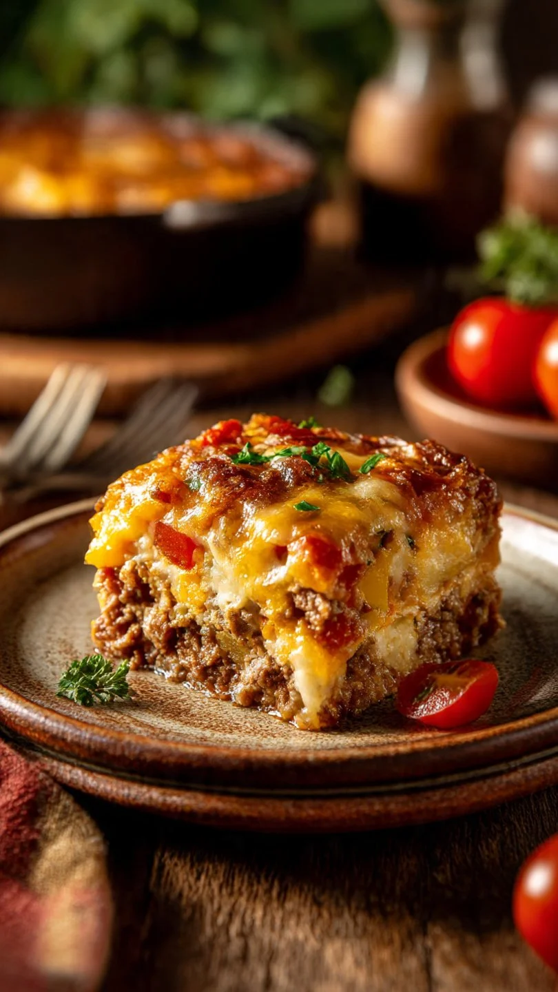 Amish Hamburger Steak Bake served with potatoes and vegetables