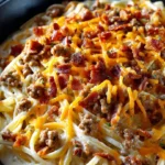Creamy Bacon Cheeseburger Alfredo pasta dish with bacon and cheese toppings