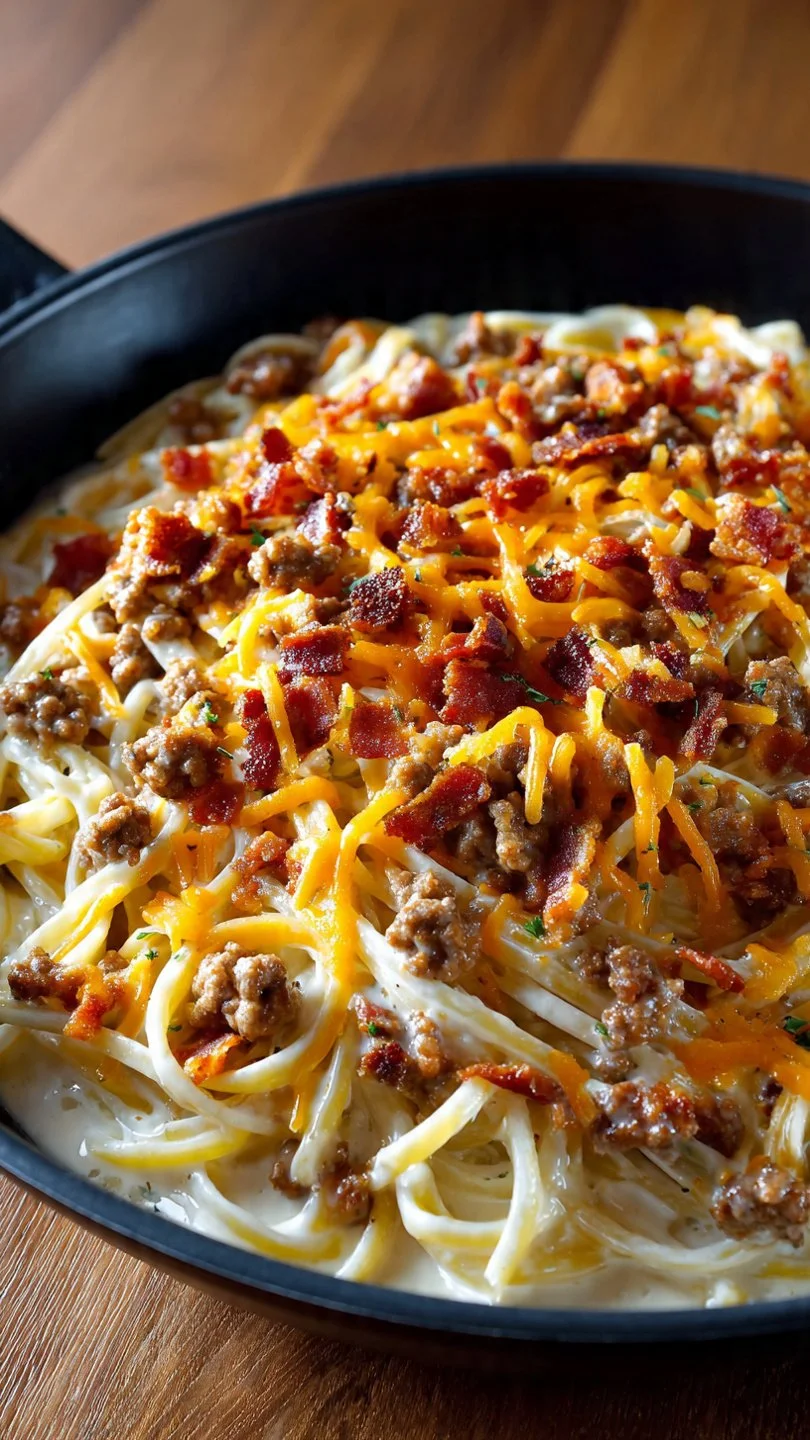 Creamy Bacon Cheeseburger Alfredo pasta dish with bacon and cheese toppings