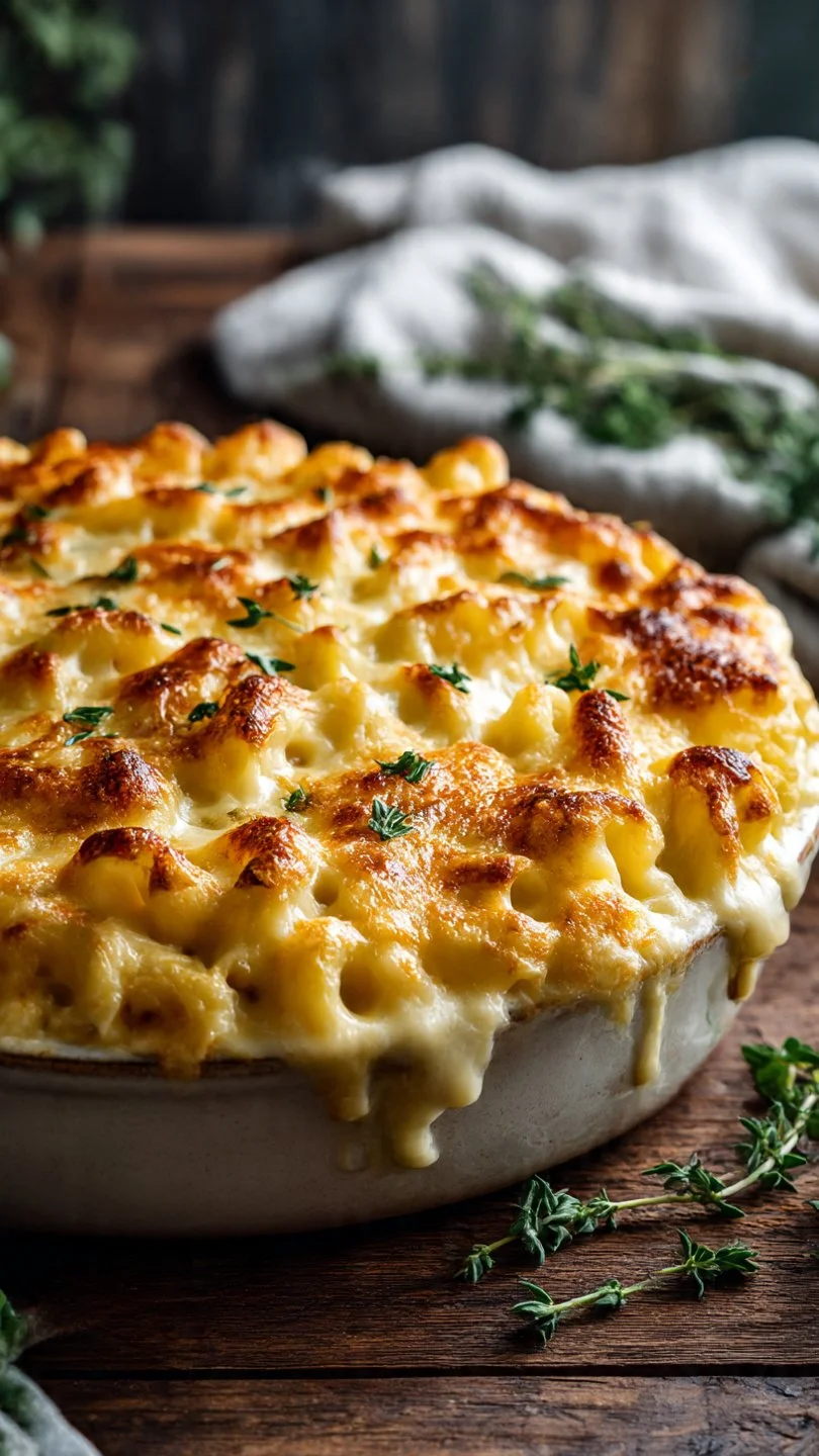 Baked mac and cheese topped with crispy breadcrumbs and melted cheese