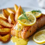 Baked salmon fillet served with crispy potatoes and lemon sauce on a plate.