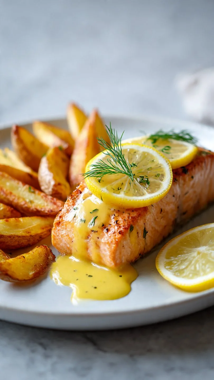 Baked salmon fillet served with crispy potatoes and lemon sauce on a plate.