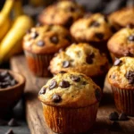 Freshly baked banana chocolate chip muffins on a cooling rack