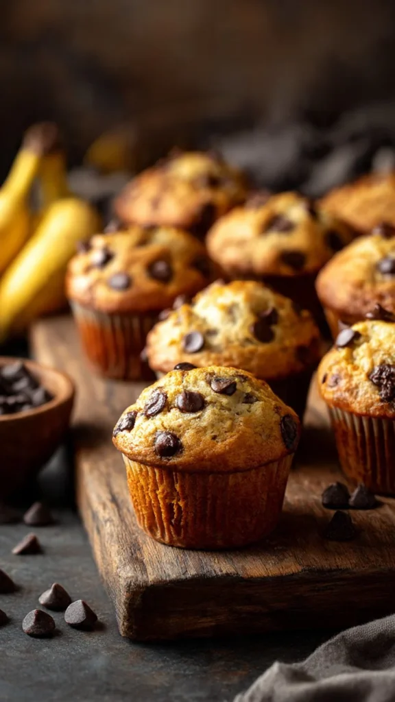 Freshly baked banana chocolate chip muffins on a cooling rack