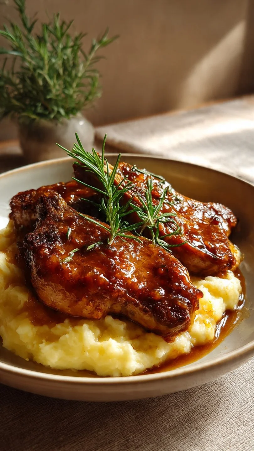 Deliciously glazed brown sugar pork chops on a plate, ready to serve.
